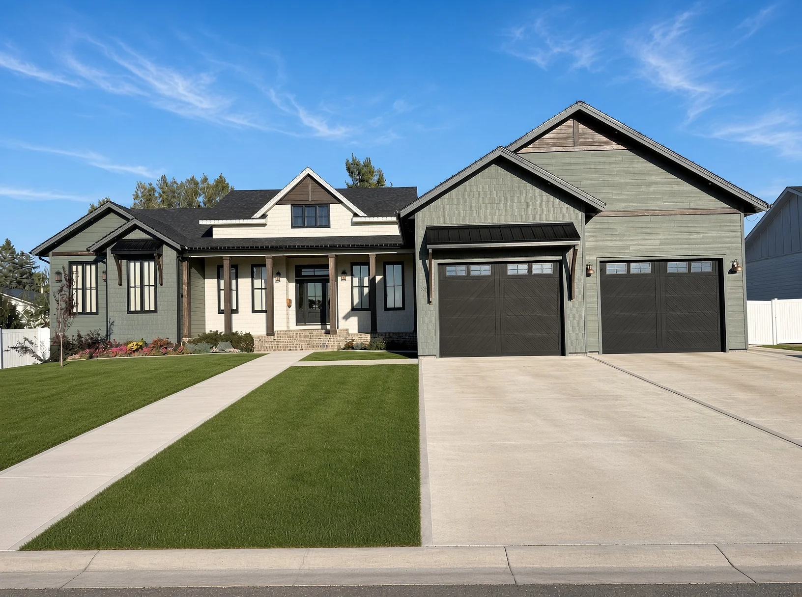 Anfield custom home in daylight, with a covered entrance, green lawn and double garage